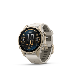 GARMIN fēnix® 8 – 43 mm, AMOLED Sapphire, Soft Gold with Fog grey/dark sandstone silicone band