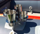 Folding stainless steel cup (3 pcs of 60 mL, 3 pcs of 150 mL) holder
